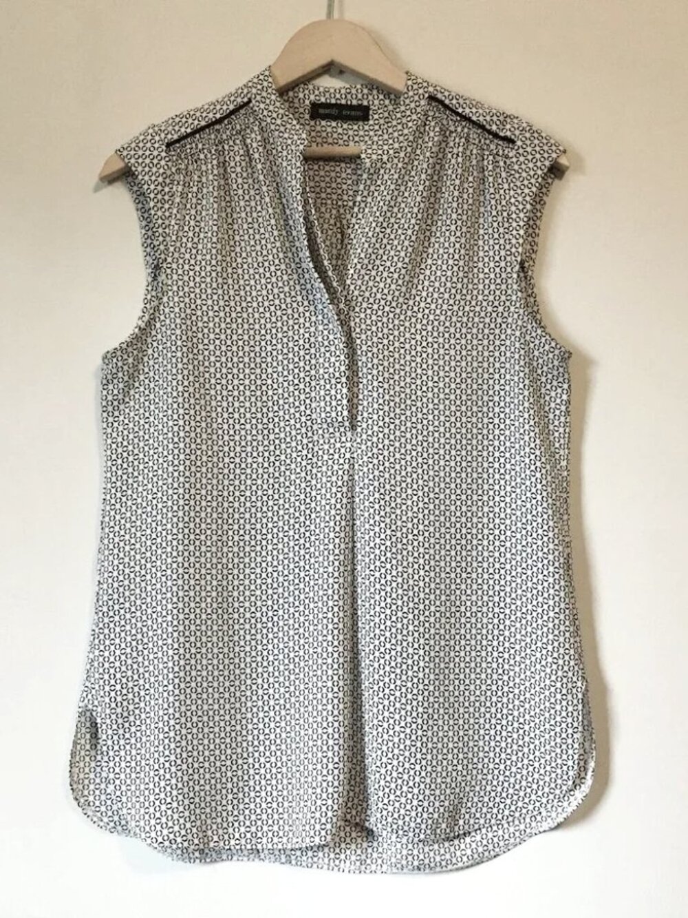 Mandy Evans B&W Broken Cell Print Sleeveless Monochrome Blouse S Retro 60s MOD
